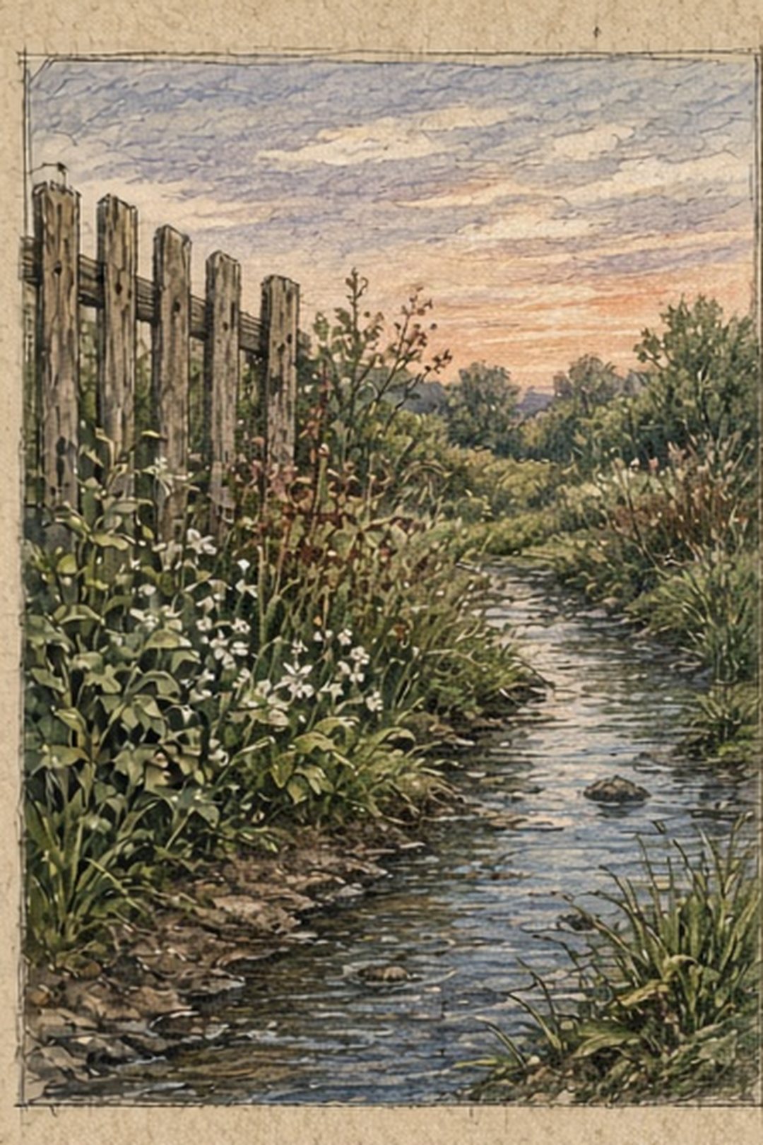 A colored-pencil habitat threshold where garden, fence, creek, and dusk meet