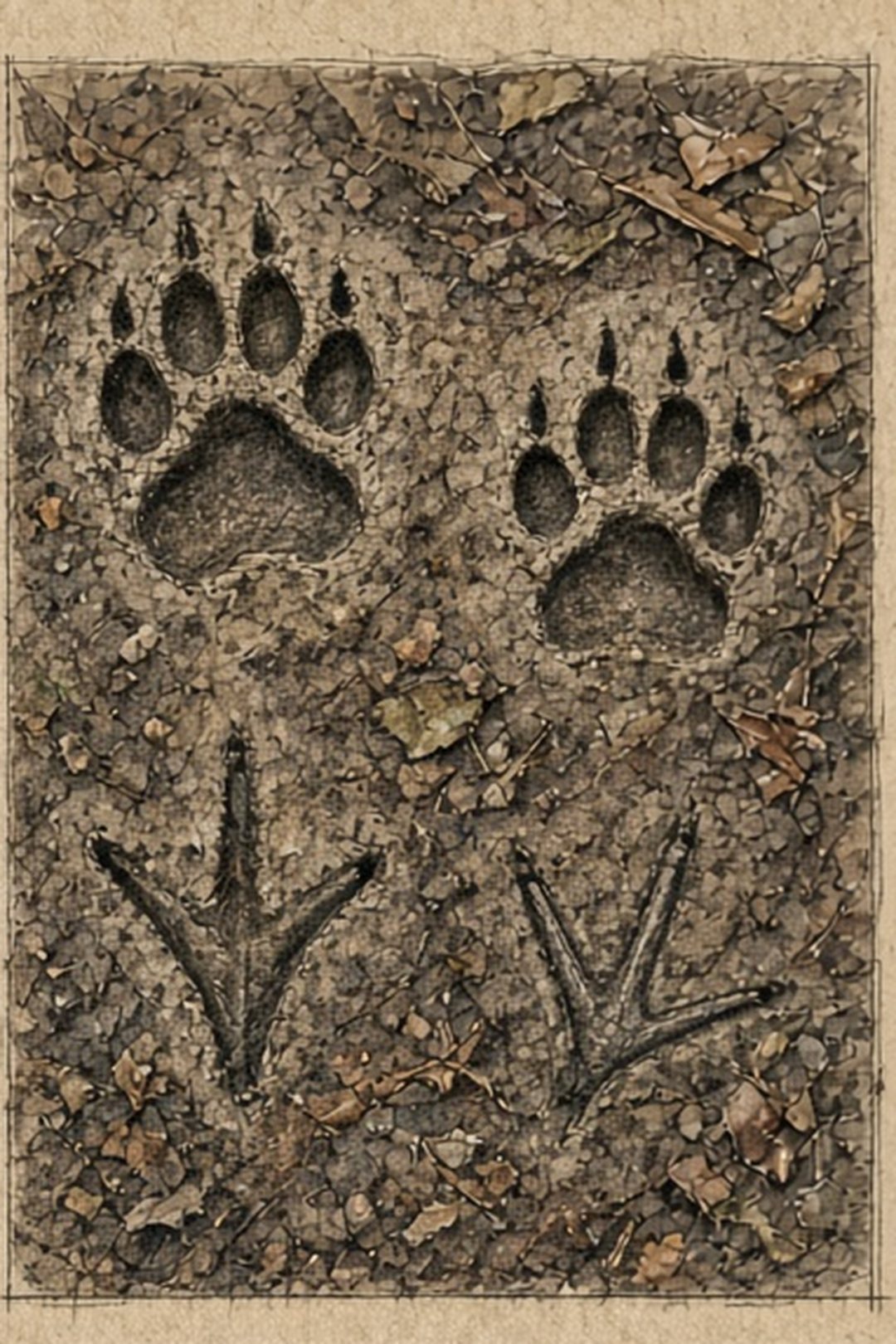 A side-by-side colored-pencil comparison of paw and bird tracks