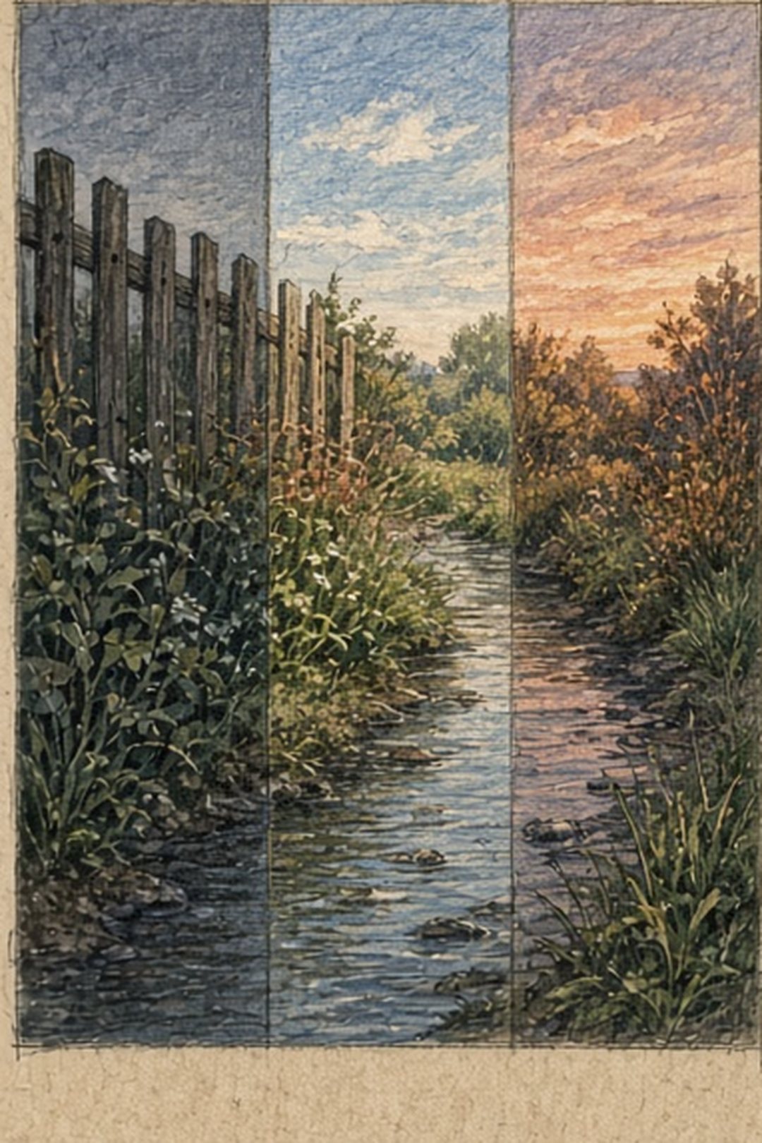 One quiet habitat shown through dawn, daylight, and dusk clues