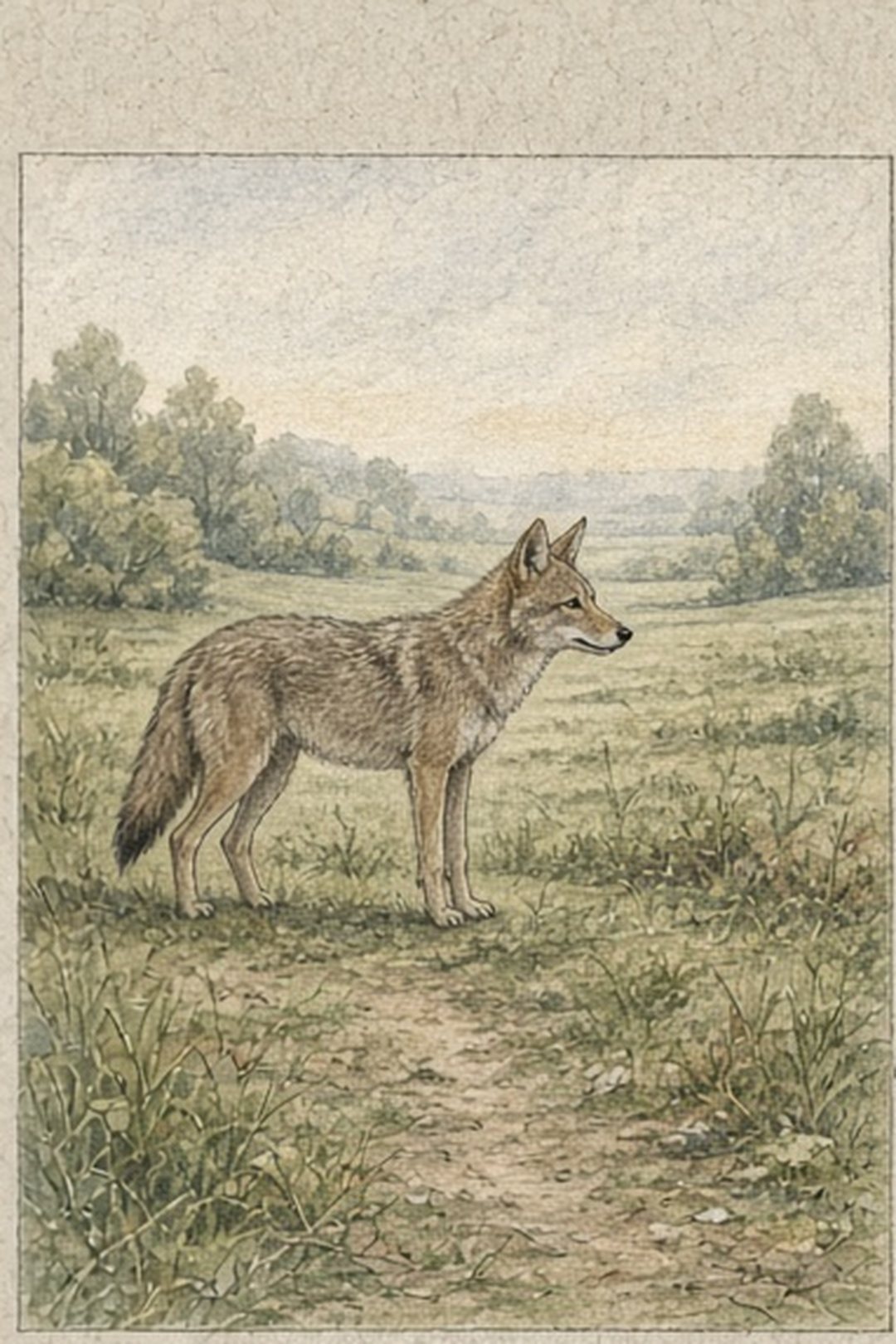 A calm coyote field plate at a distant greenway edge
