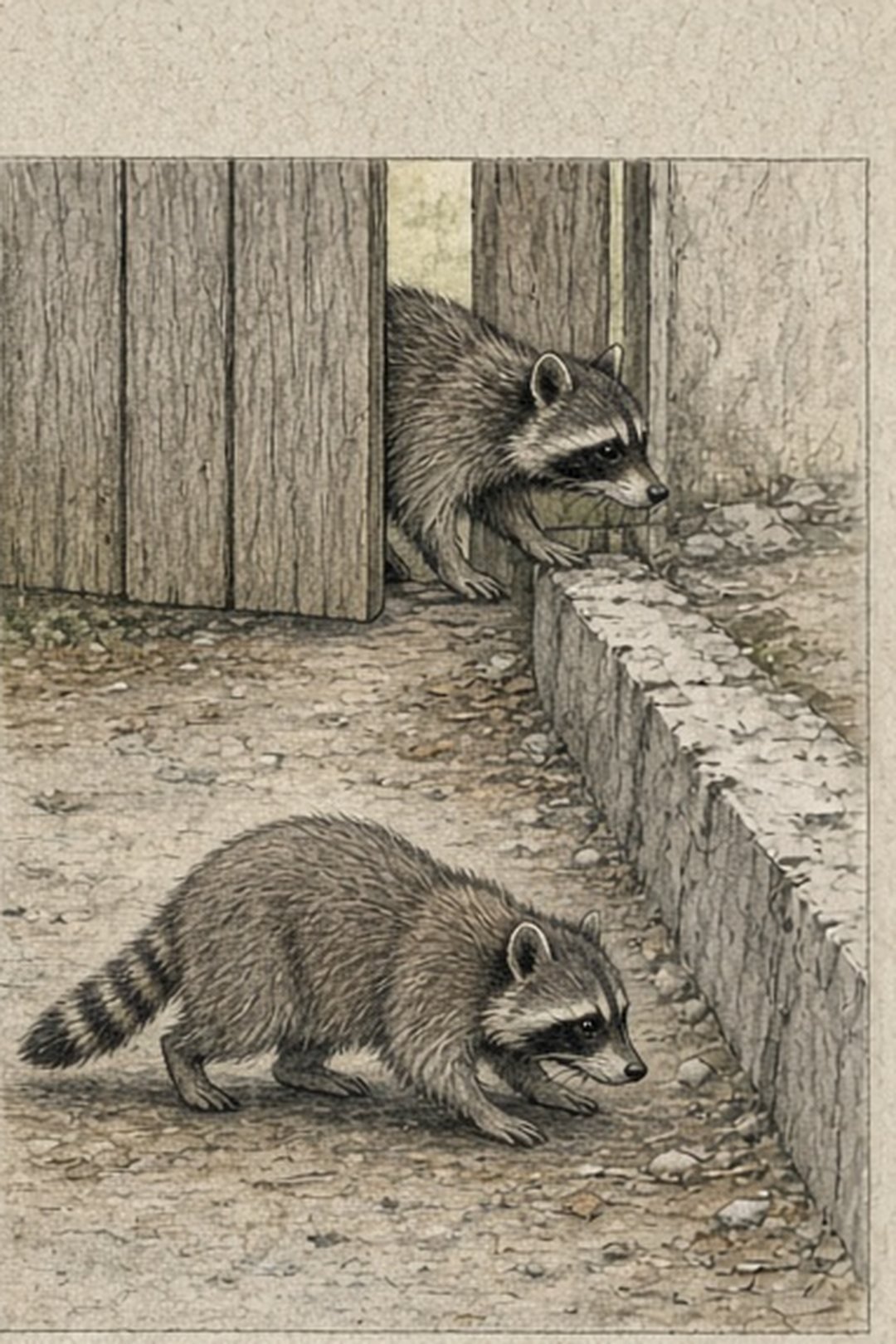 A raccoon route study along a fence gap and drain edge