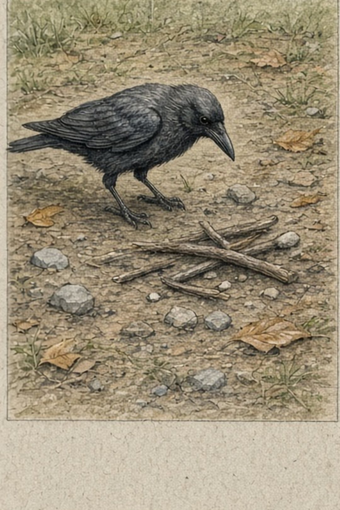 A crow exploring a natural-object puzzle at a park margin