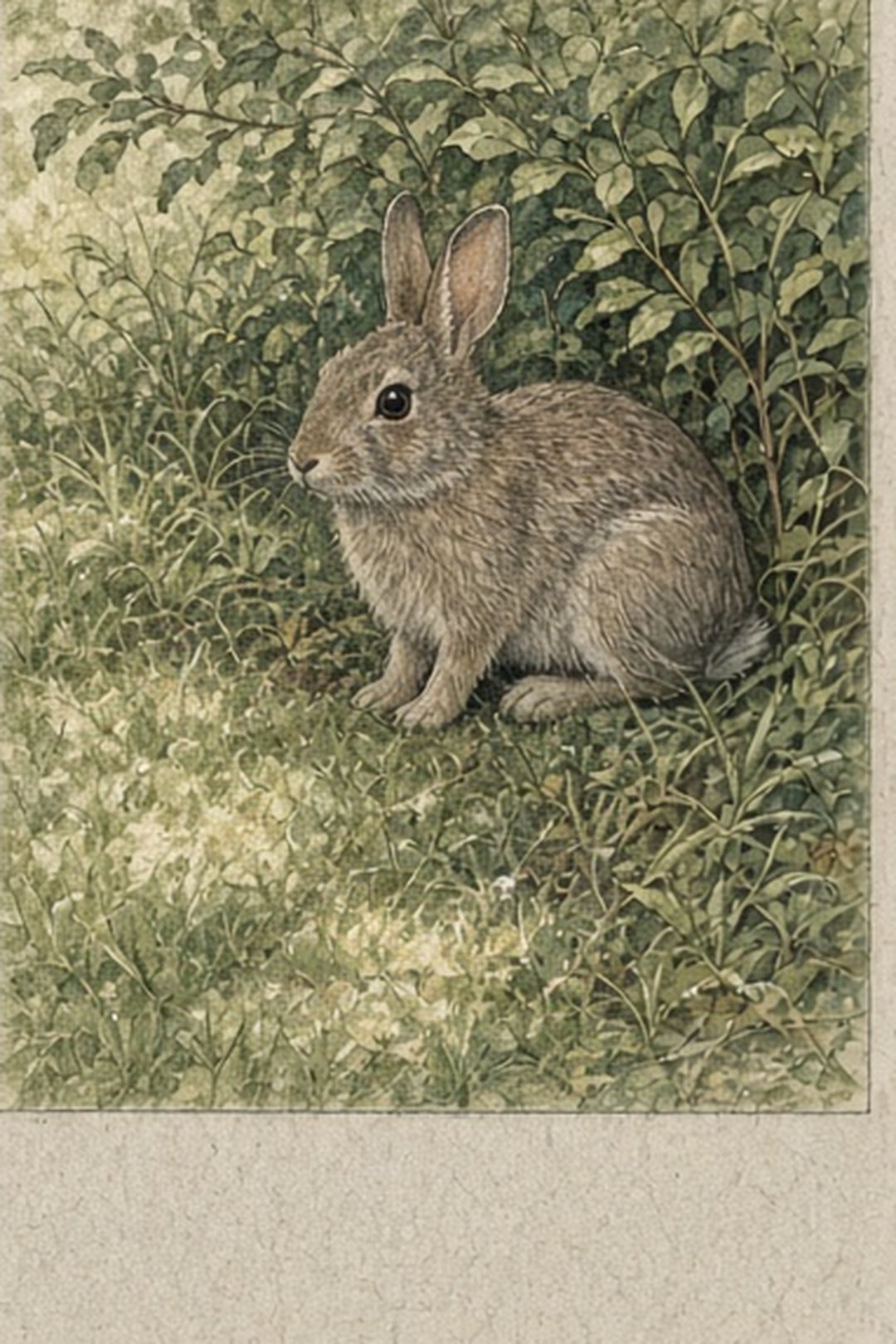 A cottontail using cover between lawn and shrubs