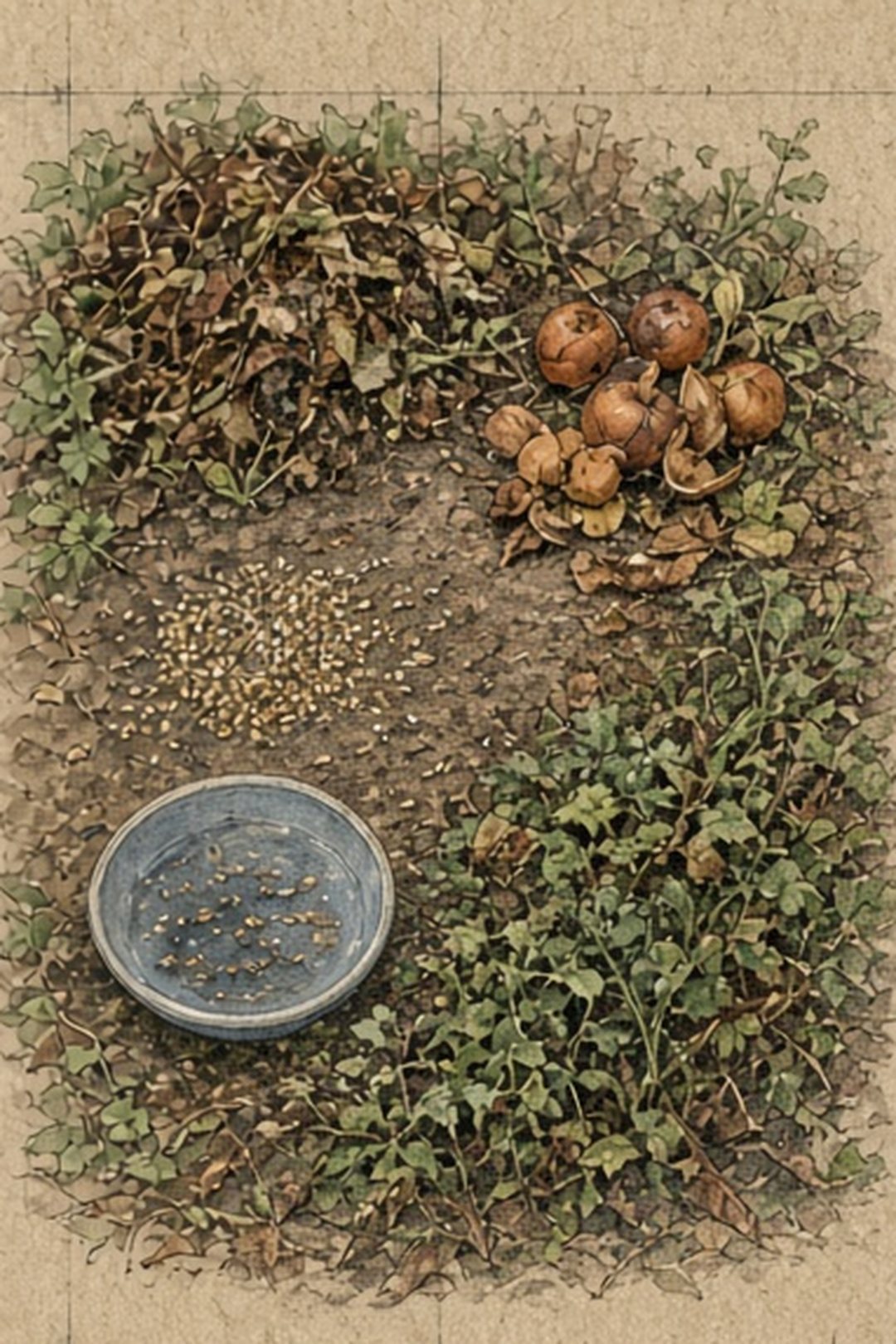 An overhead yard study of food, water, and cover clues