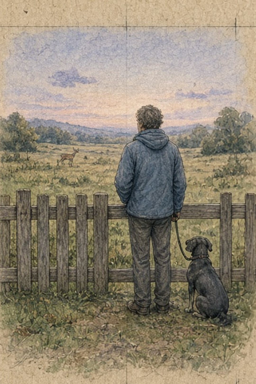 A fictional pet guardian maintaining leash and fence distance