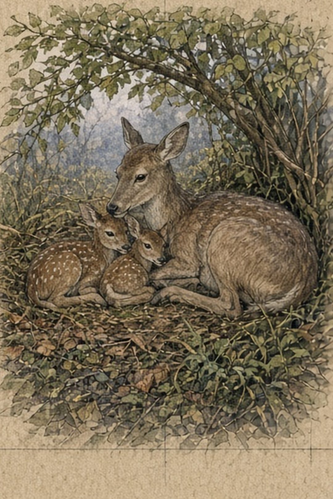 Young wildlife sheltered with an adult at a respectful distance