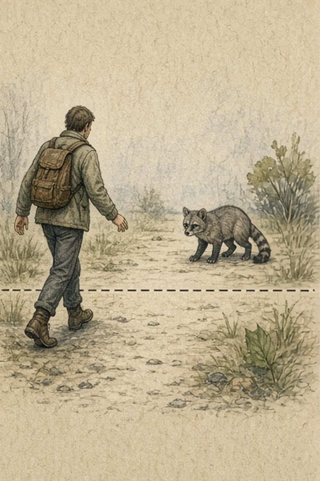 A fictional observer stepping back while preserving an animal's exit