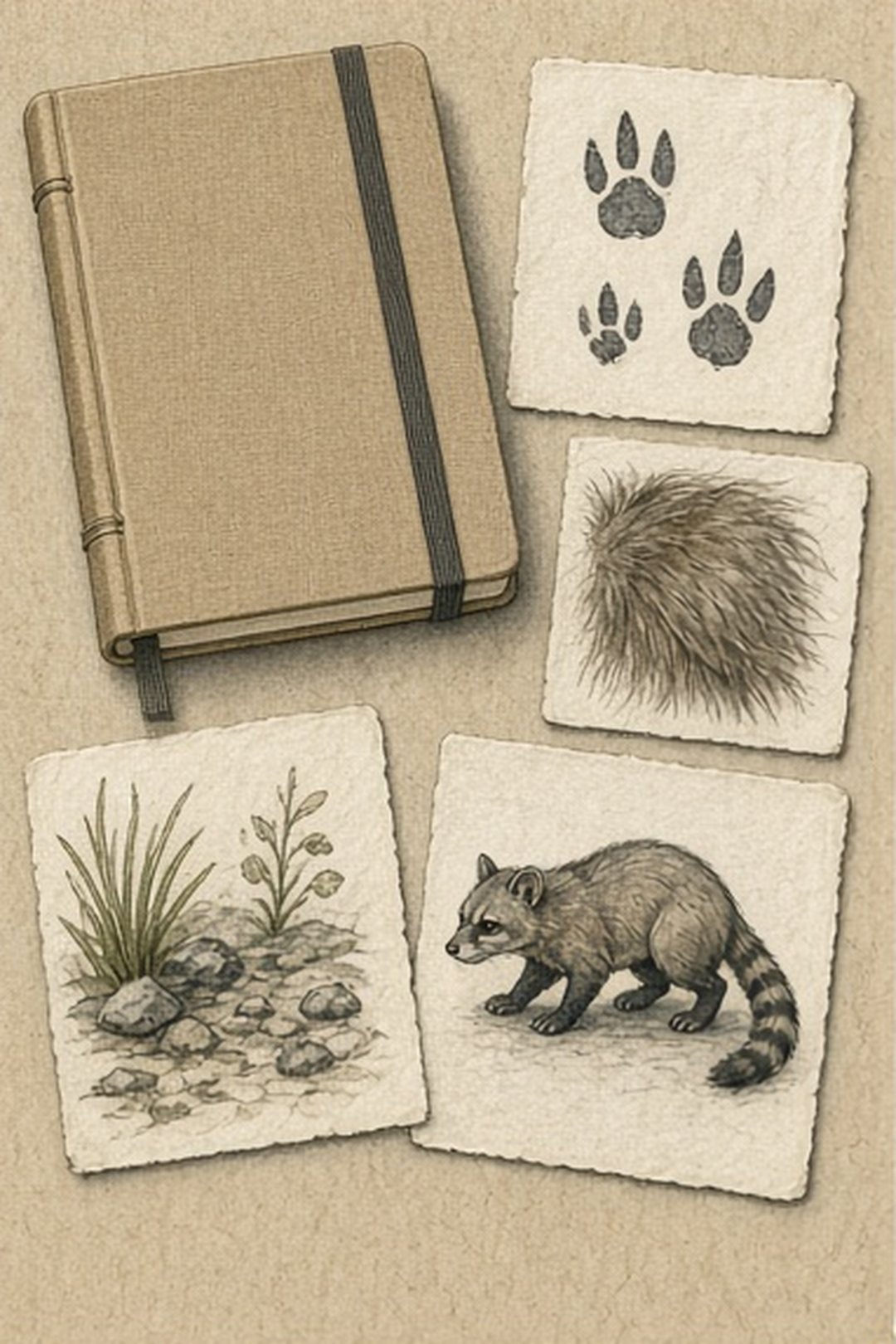 A closed field notebook with four evidence plates and no location marker