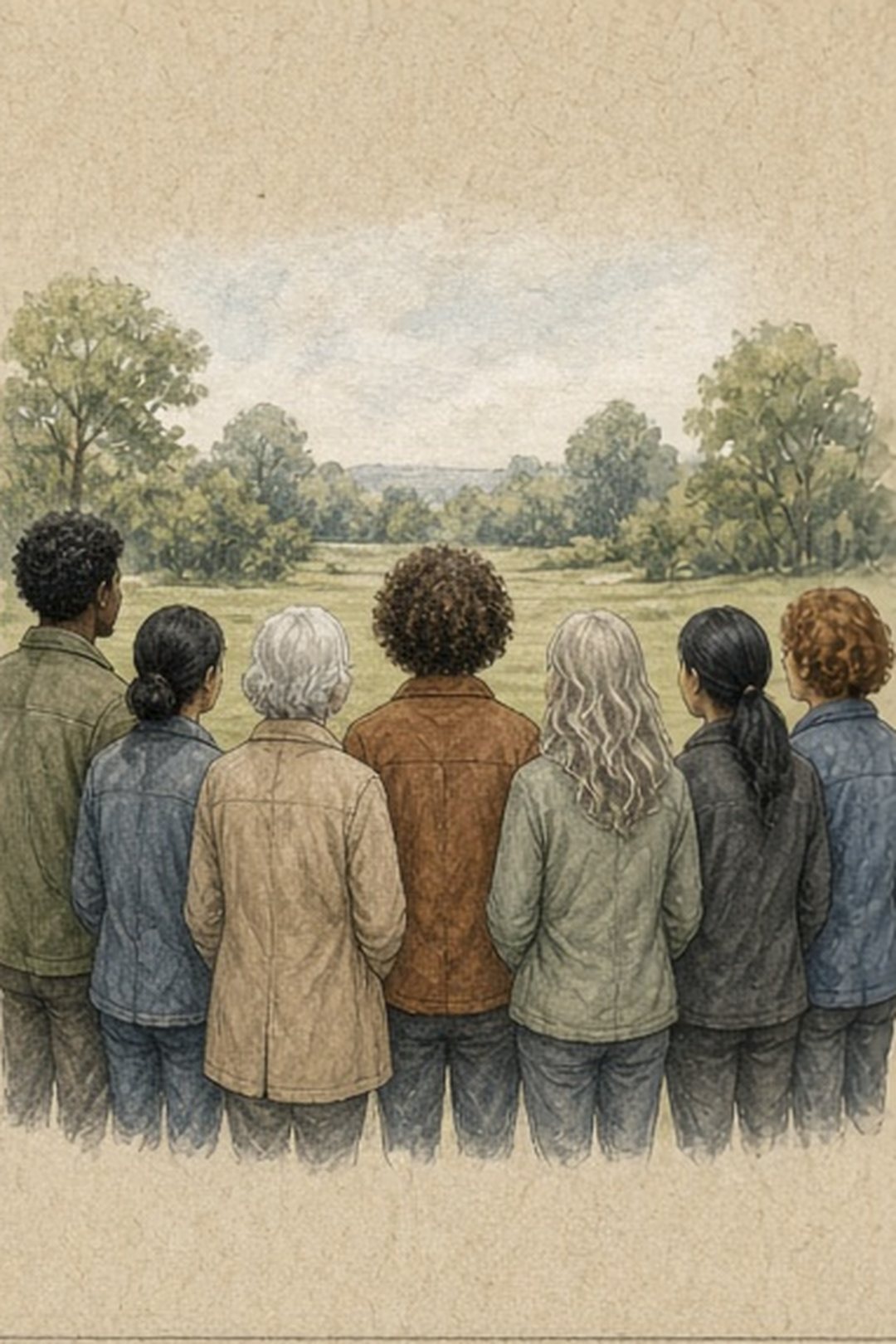 Fictional observers viewed from behind at a green habitat edge
